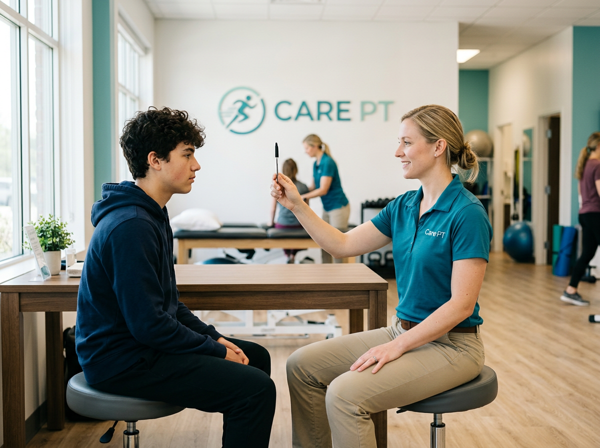 Clinician assessing a patient’s visual tracking during a concussion evaluation