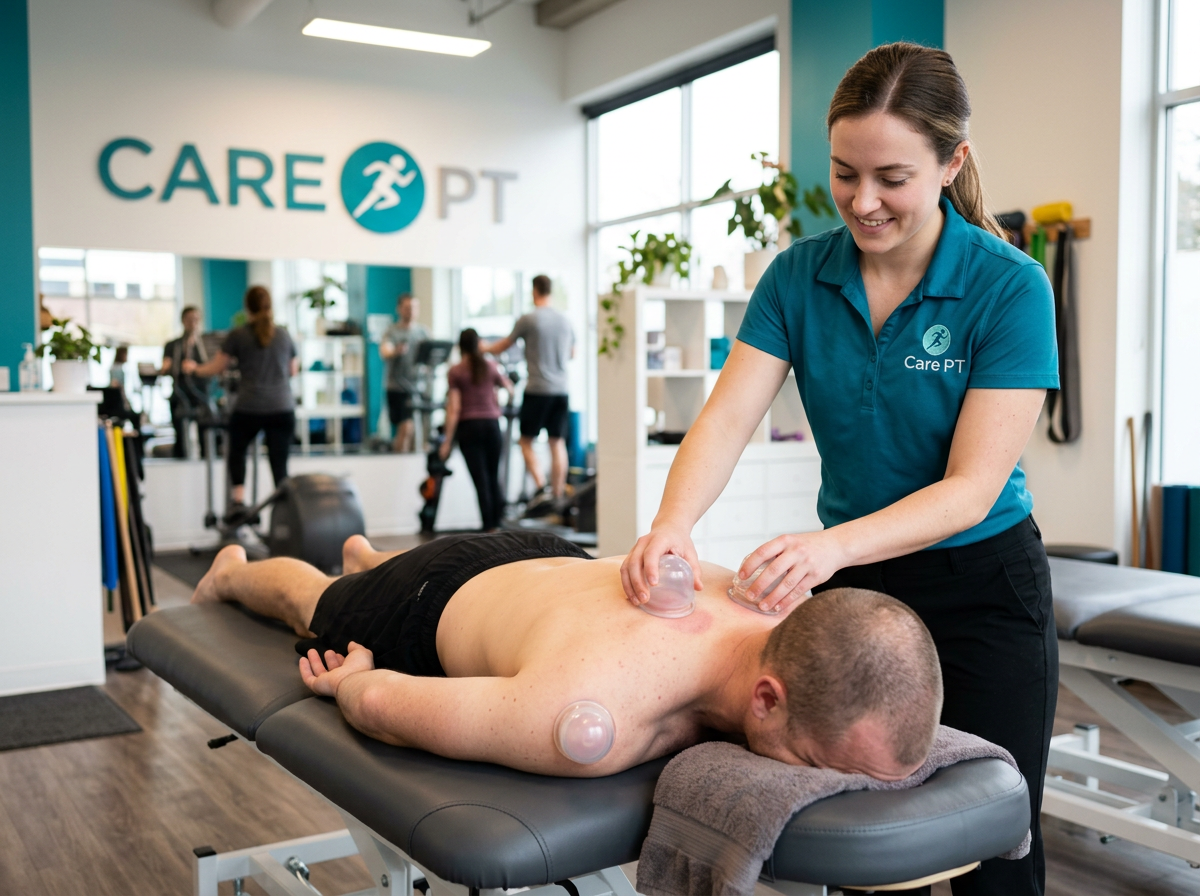 Care PT therapist placing therapy cups on a patient’s upper back