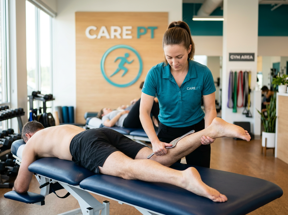 Therapist using an instrument-assisted soft tissue mobilization tool on a patient’s calf