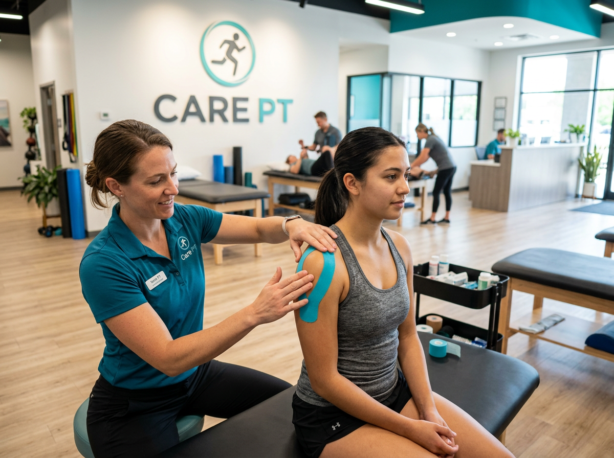Therapist applying teal kinesiology tape to a patient’s shoulder