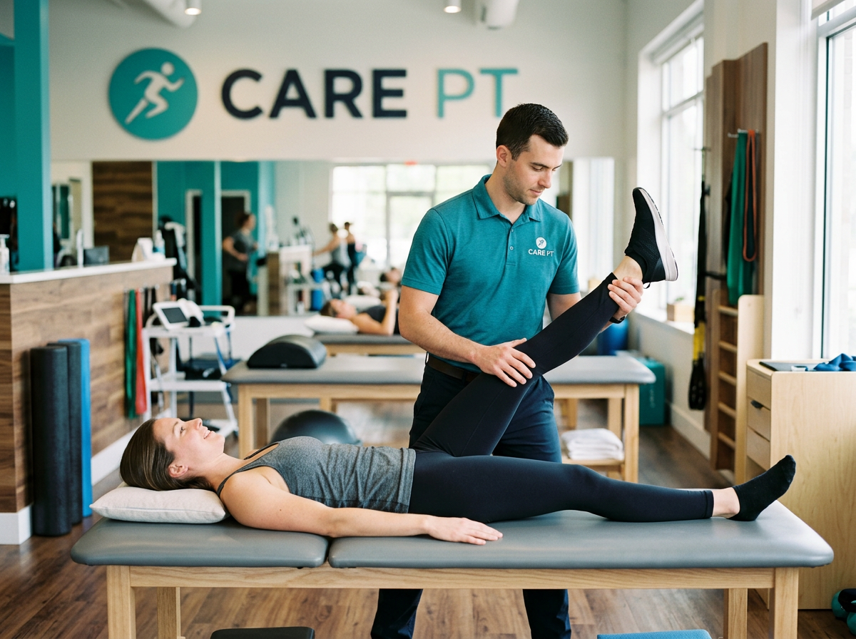 Therapist guiding a patient through a gentle nerve-gliding leg movement