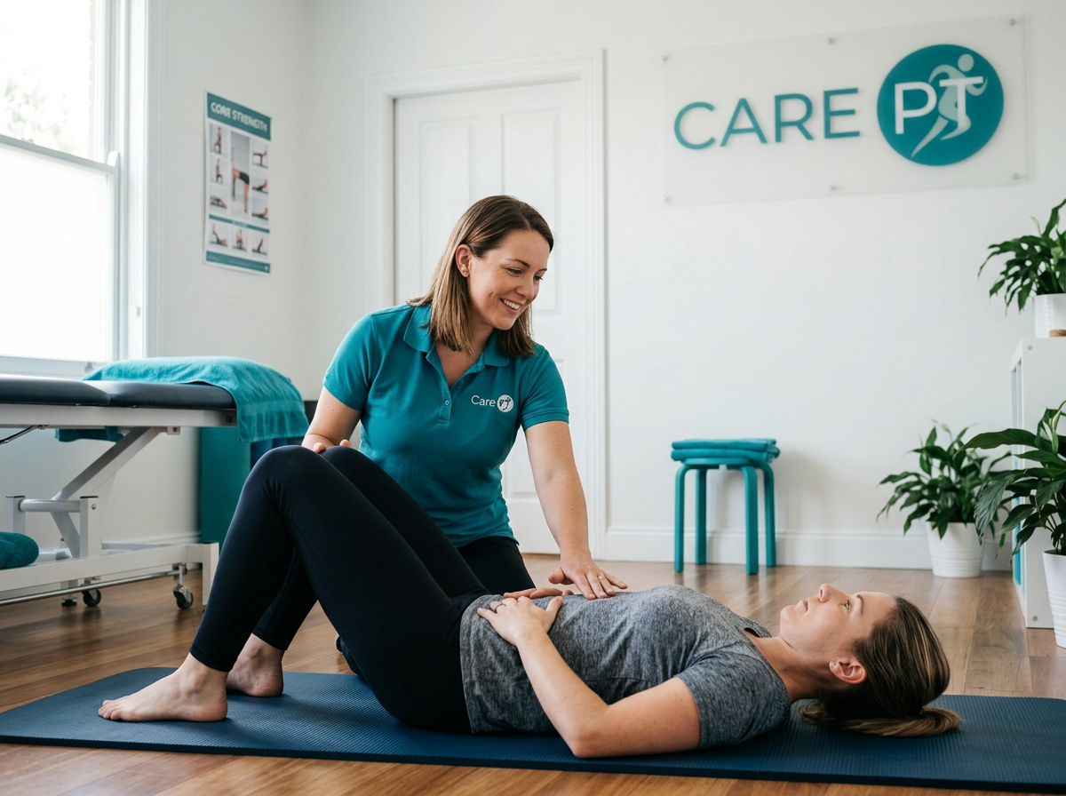 Therapist guiding a patient through gentle core and breathing exercises in a calm clinic room