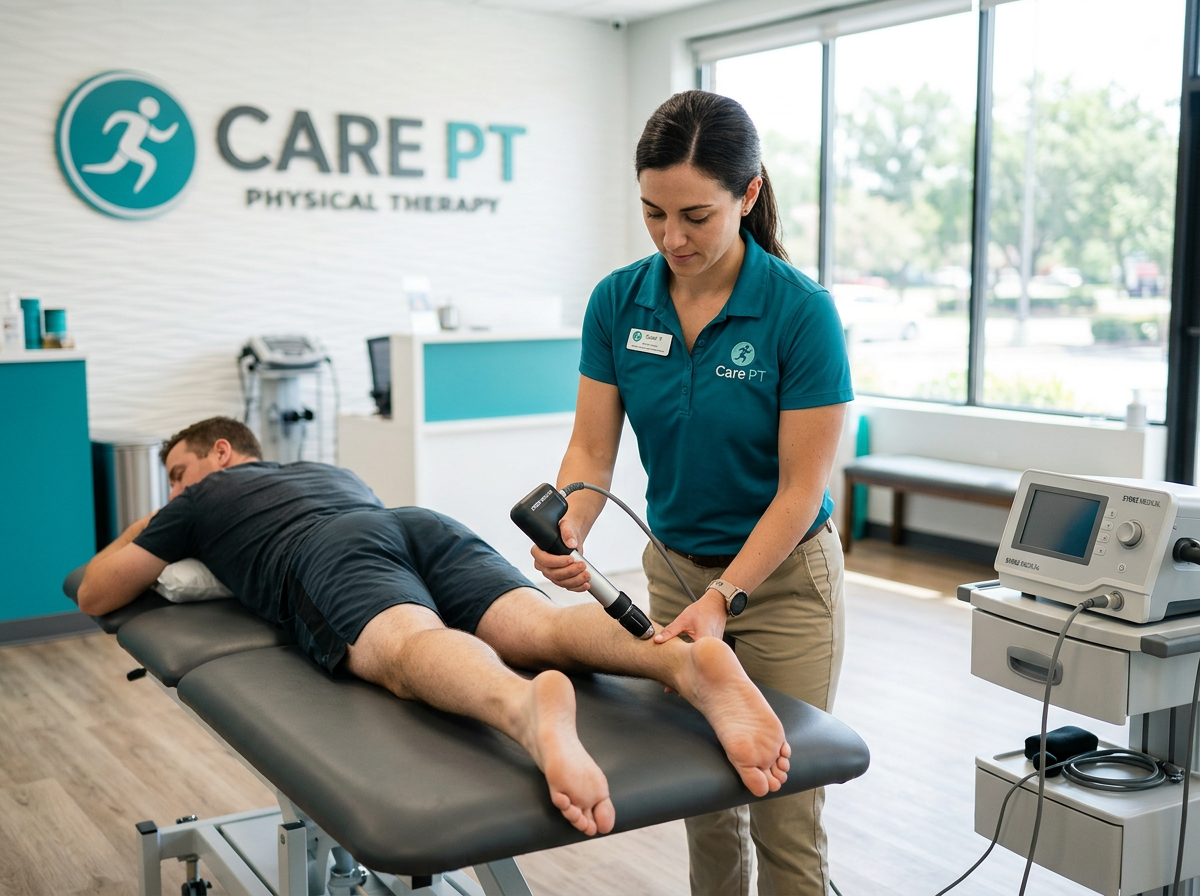 Therapist applying an advanced shockwave therapy device to a patient’s heel