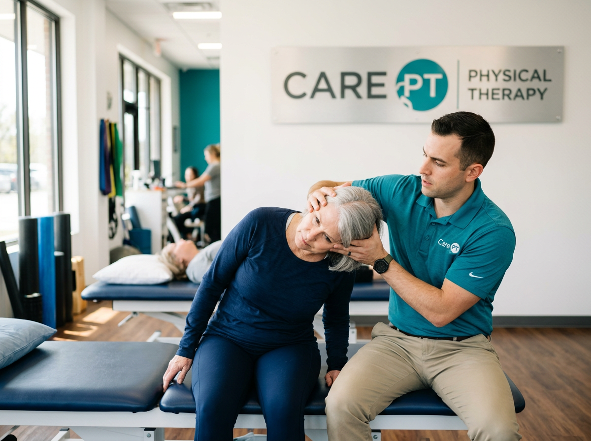 Therapist supporting a patient during a standing balance exercise in a bright clinic