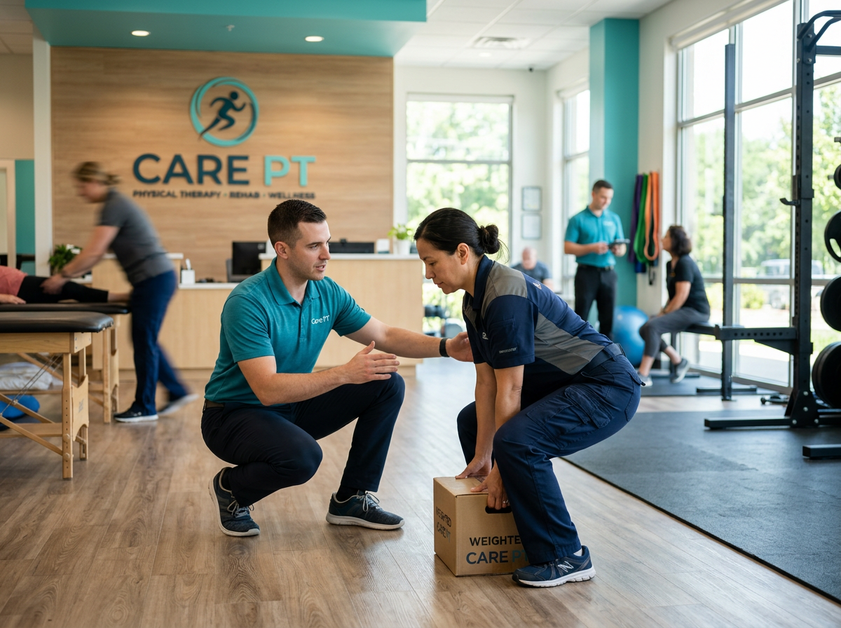 Therapist guiding a patient through a work-related rehab exercise