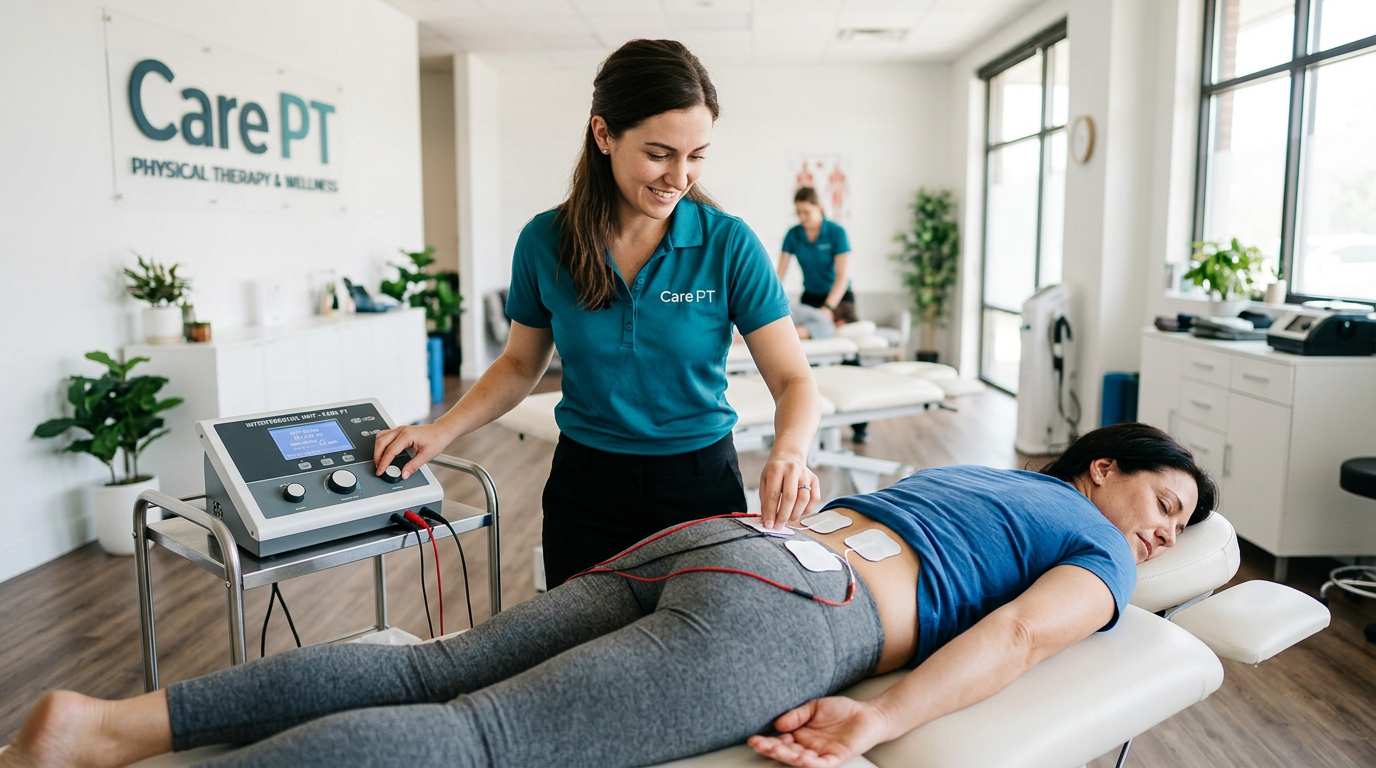Care PT therapist placing interferential current electrodes on a patient’s lower back