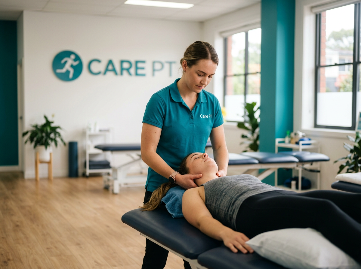 Care PT therapist performing manual cervical traction on a patient