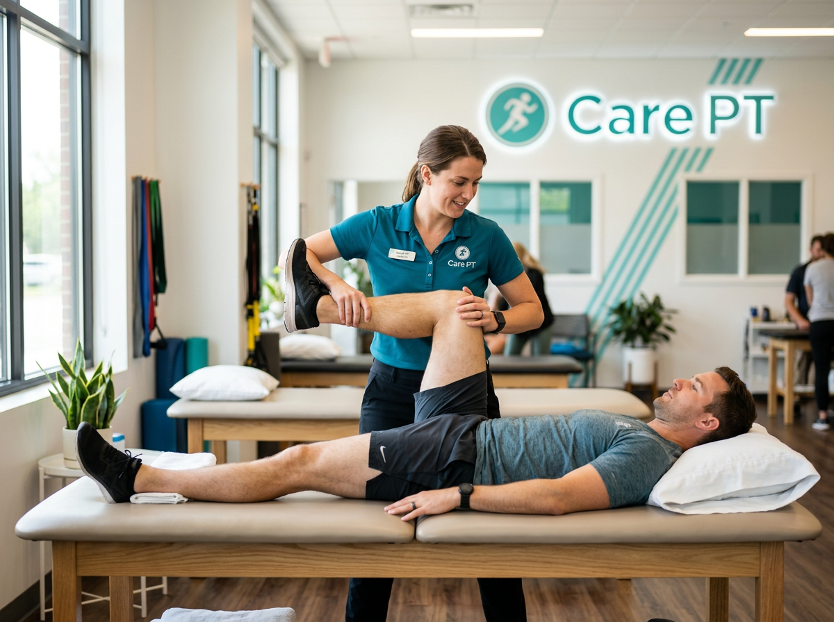 Care PT therapist guiding a patient through a muscle energy technique