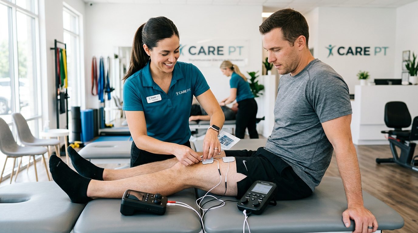 Care PT therapist placing NMES electrodes on a patient’s thigh