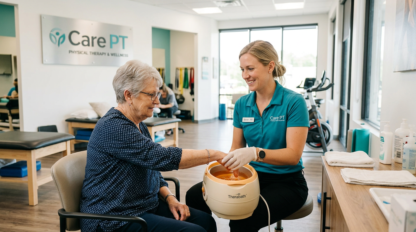 Care PT therapist helping a patient dip their hand into a paraffin wax bath