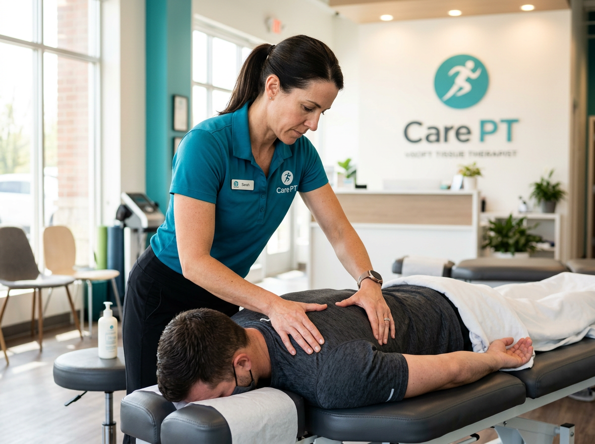 Care PT therapist performing soft tissue mobilization on a patient