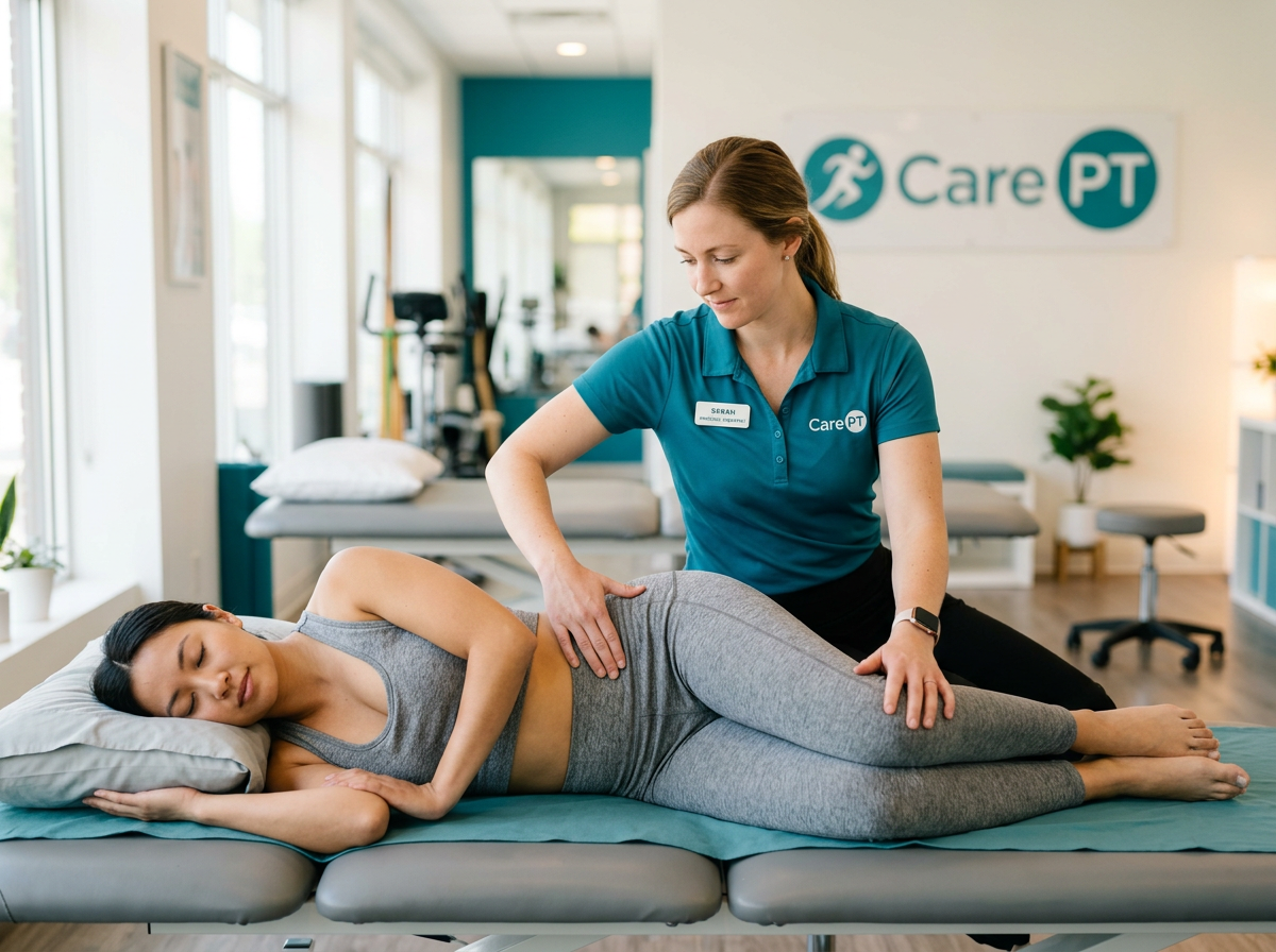 Care PT therapist holding a patient in a strain-counterstrain position