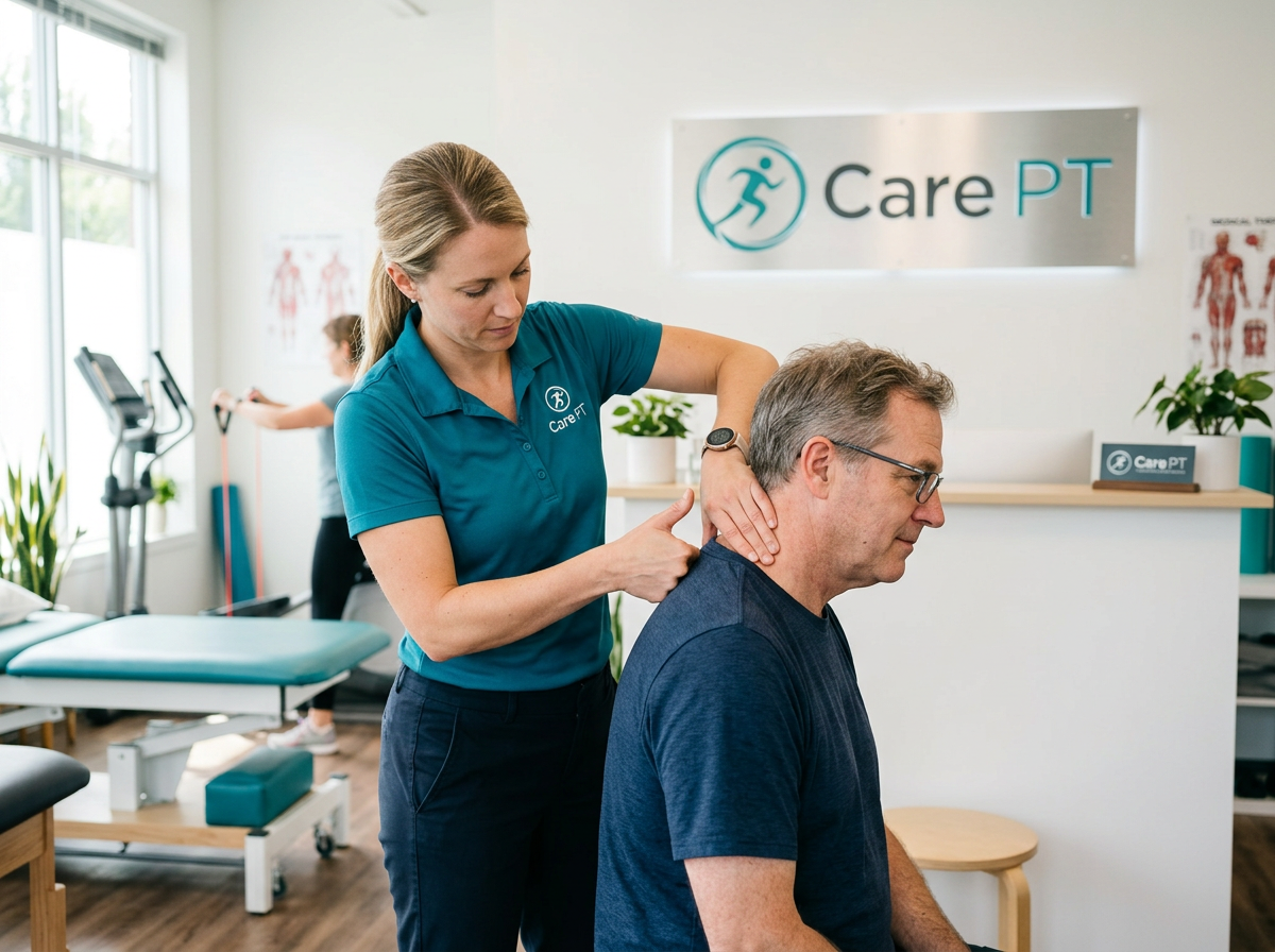 Care PT therapist applying trigger point pressure to a patient’s shoulder