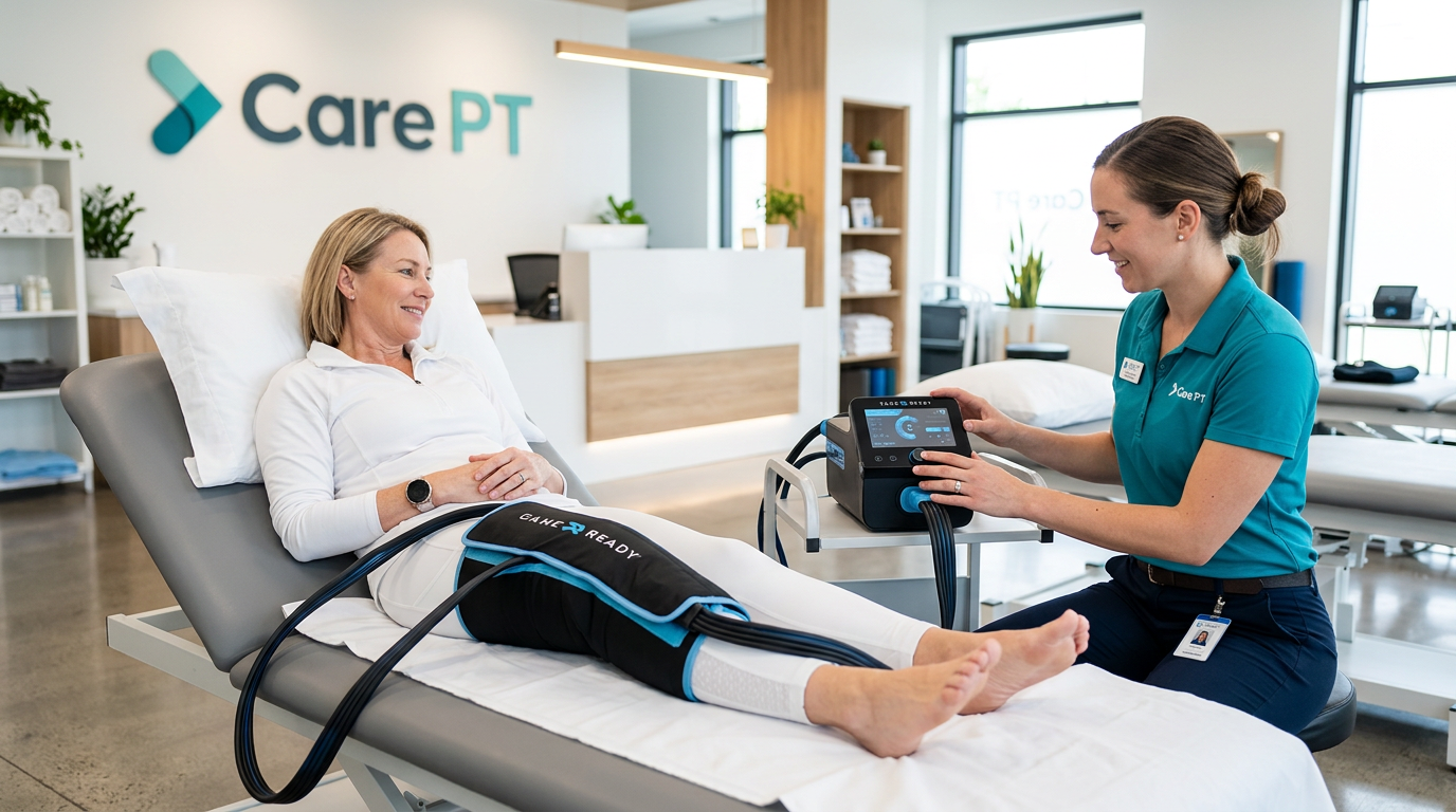 Patient receiving vasopneumatic compression on the knee at Care PT